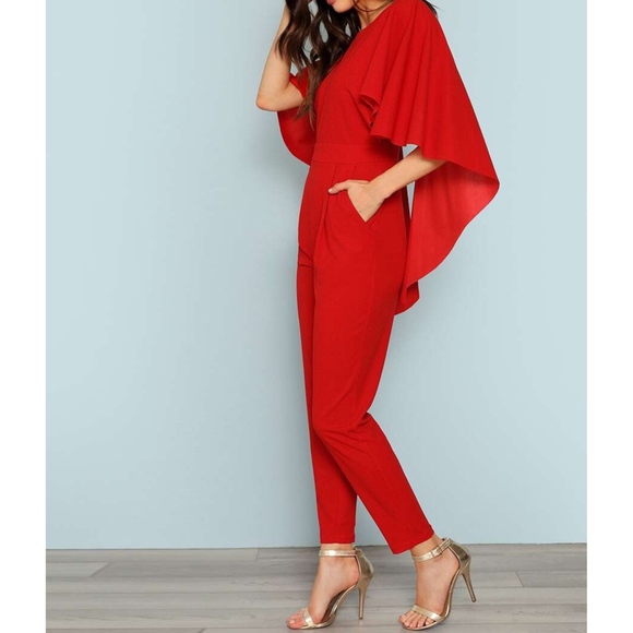 Red Cascade Cape Backless Cocktail Jumpsuit - Picture 5 of 6
